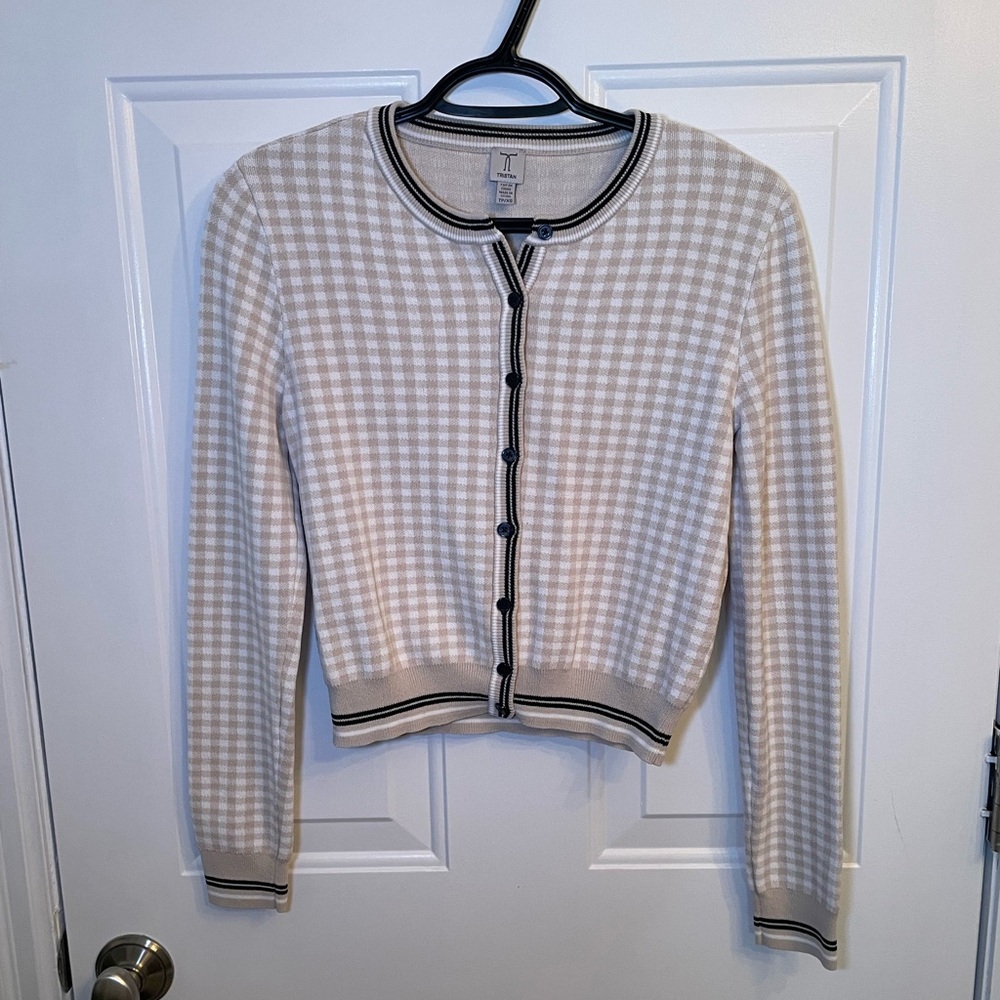 Tristan Cardigan Checkered - Women Size XS - Cream/White/Black Gingham Buttons